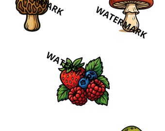 May include: A collection of colorful illustrations featuring various natural elements. The image includes a morel mushroom, a red-capped mushroom with white spots, a cluster of berries, a chestnut, and a green-capped mushroom.