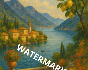 Impression d'art du lac de Côme, Italie - Villa méditerranéenne, paysage floral (téléchargement numérique)