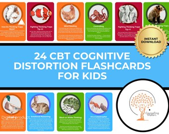 May include: A set of 24 CBT cognitive distortion flashcards for kids. Each card features an illustration and text describing a thinking trap. The cards are in a variety of colors and feature images of animals and objects.