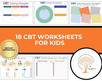 Op de afbeelding: Een oranje afbeelding met de tekst "18 CBT-WERKBLADEN VOOR KINDEREN" en verschillende CBT-werkbladen. De werkbladen bevatten titels als "Gedachten testen", "Cirkel van controle" en "Je gedachten vangen". Een gouden zegel luidt "DIRECT DOWNLOADEN".