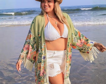 Plus Size Fringe Open Front Cover-Up