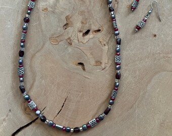 Celtic Knot Garnet Necklace and Earring Set: Gemstone Pearl Jewelry