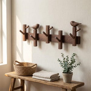 Op de afbeelding: Houten wandkapstok met een donkerbruine afwerking. De kapstok heeft vier verticale palen met haken om items op te hangen, en is bekroond met drie houten vogels. De kapstok is gemonteerd op een lichtgekleurde muur.