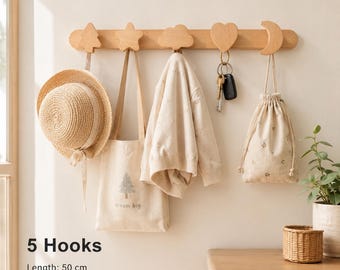 Crochet mural en bois massif pour animaux, Cintre sans perçage, Jolie barre de rangement pour entrée de chambre de bébé, 3 crochets, 4 crochets, 5 crochets, Organisateurs de décoration pour chambre d'enfant