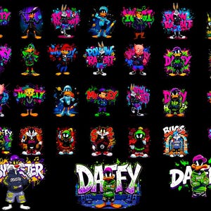 Può includere: Una collezione di illustrazioni di personaggi dei cartoni animati, tra cui Bugs Bunny e Daffy Duck, in stile graffiti. Ogni personaggio è raffigurato in una posa unica con colori vivaci e testo stilizzato. Lo sfondo è nero.
