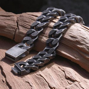 Men's Gunmetal Stainless Steel Curb Chain Bracelet: Heavy Biker Gothic Jewelry