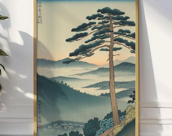 Japanese Tree Poster, Vintage Nature Wall Art Print, Tranquil Landscape Artwork, Asian Style Botanical Decor for Living Room and Bedroom