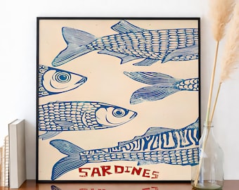 Plakat z sardynkami, plakat z ilustracją ryby w stylu vintage, wydruk artystyczny z sardynkami, modna sztuka ścienna, sztuka ścienna do kuchni, plakat z sardynkami