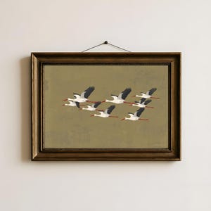 Vintage zwerm ooievaars kunst aan de muur, humeurige donkere gedempte tonale print, abstracte keuken muur decor, humeurige antieke vogel print, zonnewende Art Boutique