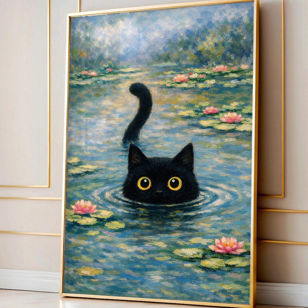 Monet Inspired Water Lilies Cat Wall Art, Whimsical Black Cat Poster ...
