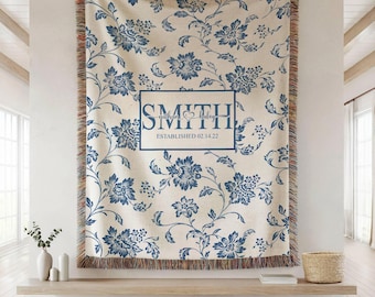 Personalized Toile Wedding Woven Blanket, Floral Throw for Couch, House Warming Gifts, Custom Anniversary Gift for Newly Married Couple