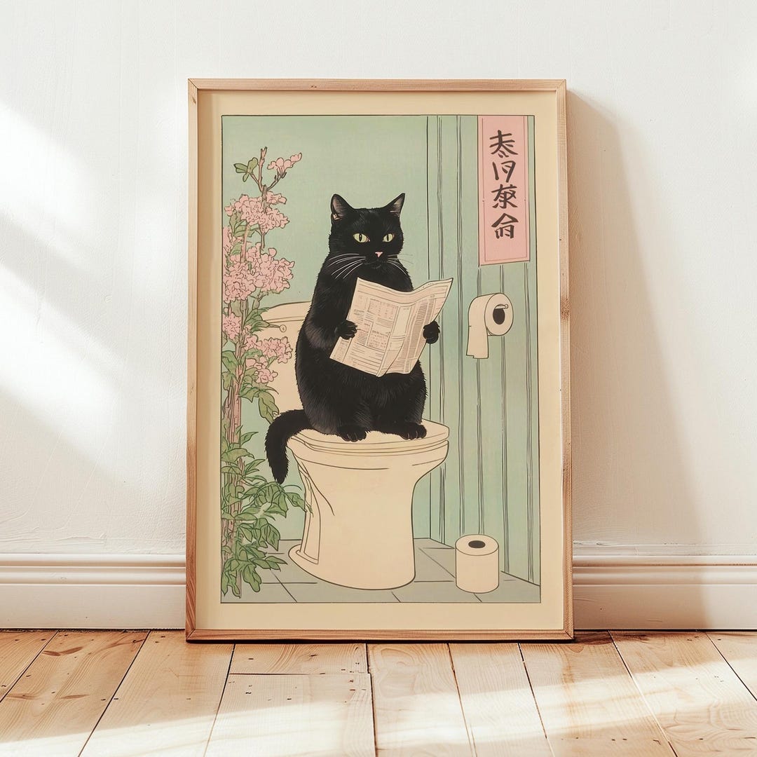 Japanese Black Cat on Toilet Print, Funny Black Cat Bathroom Wall Art ...