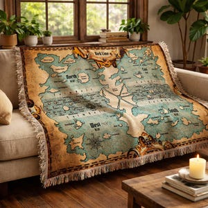 Vintage World Map Woven Blanket, OP Anime Map Print, Grand Line Fantasy Map Blanket, Pirate Adventure Illustration, Manga Room Decor