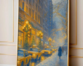 Vintage New York Christmas Street Cityscape Art, Christmas Wall Art, Christmas New York Print