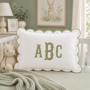 Personalized Monogram Pillow Cover, Custom Embroidered Initial Cushion, Scalloped Nursery Decor, Baby Shower Gift