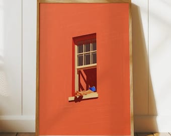 Arte digital minimalista de pared en coral cálido, decoración estética para el hogar, lámina para ventana "Verano tranquilo", descarga digital para amantes de los libros, decoración con un toque de dopamina.