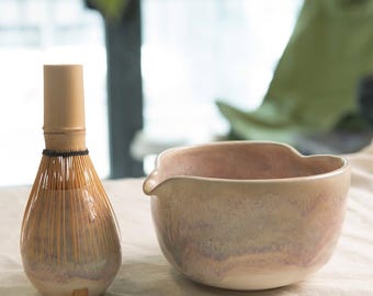 Heart Matcha Bowl Set, Spouted Katakuchi Chawan Pink, Matcha Lover Gift