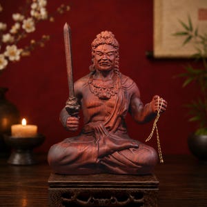 May include: A detailed wooden statue of a seated figure holding a sword and a chain. The statue is a deep reddish-brown color and sits on a dark wooden base. The figure has an intense expression and is adorned with intricate details.