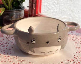 Totoro Ceramic Soup Bowl with Handles, Small Ghibli Bowl with Pour Spout, Handmade Kaolin Clay Bowl, Gray White