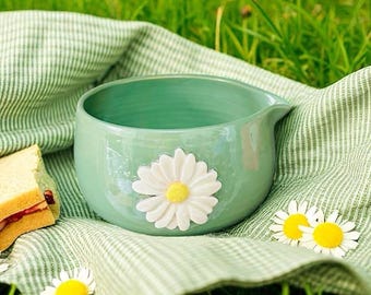 Handcrafted Daisy Green Matcha Bowl with Spout (24oz) | Large Ceramic Katakuchi with 3D Flower | Heavy Stable Whisking Bowl