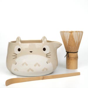 Totoro matcha bowl set, beige hand-painted ceramic chawan with matching whisk holder on white