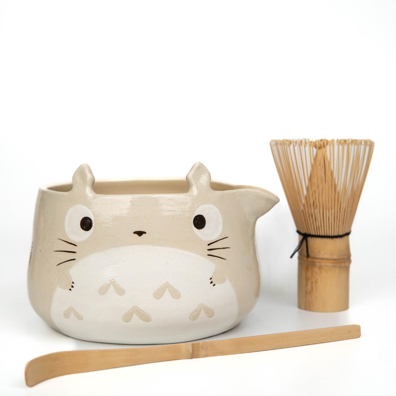 Totoro matcha bowl set, beige hand-painted ceramic chawan with matching whisk holder on white