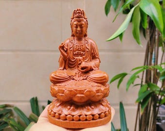 Guan Yin statue small Huong wood Buddha | 6" wooden goddess of mercy for altar, meditation corner, Asian home decor