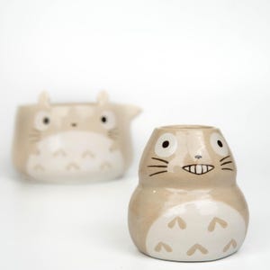 Totoro matcha bowl set, beige hand-painted ceramic chawan with matching whisk holder on white