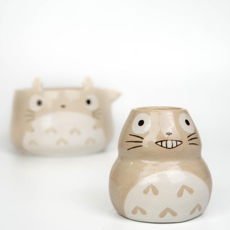 Totoro matcha bowl set, beige hand-painted ceramic chawan with matching whisk holder on white