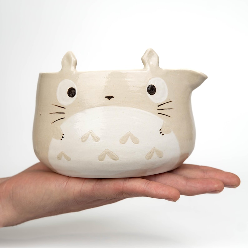 Totoro matcha bowl set, beige hand-painted ceramic chawan with matching whisk holder on white