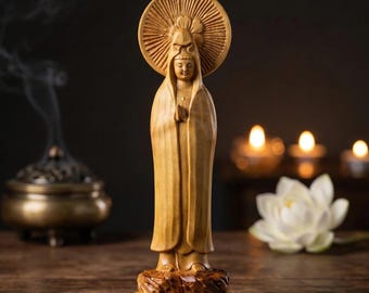 Wooden Guan Yin Statue 12" – Hand Carved Cypress Bodhisattva Figurine, Buddhist Altar & Meditation Decor