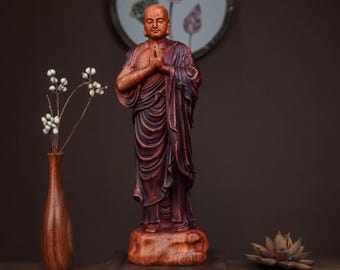 Buddhist Monk Statue, Mahakasyapa Disciple Figure, 12 Inch Standing Prayer Pose, Hand Carved Altar Decor for Home Meditation Corner