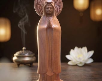 Small Guan Yin Buddha Statue Green Cypress Wood – 8" Wooden Kwan Yin Sculpture, Buddhist Altar & Meditation Decor