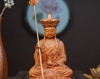 Ksitigarbha Statue Wooden Buddha – Hand-Carved Cypress Bodhisattva for Home Altar & Meditation Decor