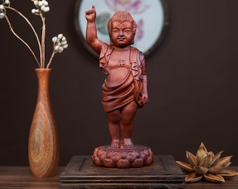 Baby Buddha Birth Statue, Hand Carved Huong Da Wood, Zen Meditation Corner Decor, Buddhist Altar Figurine