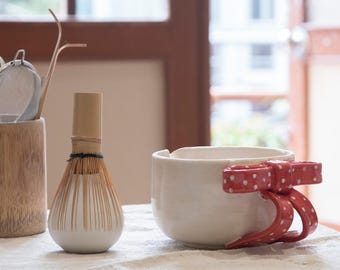 Matcha Bowl with Spout and Bow Handle | Stoneware 4.7in | Tea Ceremony Gift | Chawan for Whisking Matcha