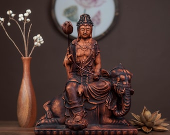 Buddhist Statue – Samantabhadra Bodhisattva on Elephant Figurine, 9.8in Tall Tabletop Altar Decor, Peaceful Home Shrine Gift for Buddhists