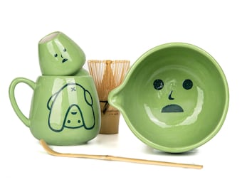 Matcha Bowl Set, Spouted Katakuchi Chawan, Hand Painted Green Cute Face, 18 oz Tea Bowl, Handmade Whisk Kit, Vietnamese Kaolin Clay