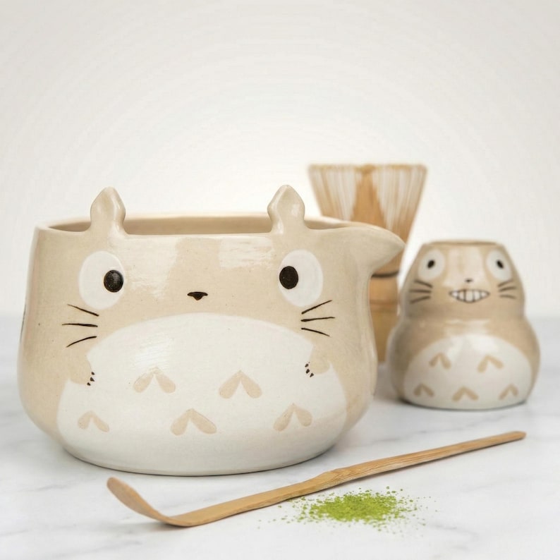Totoro matcha bowl set, beige hand-painted ceramic chawan with matching whisk holder on white