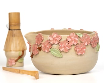 Matcha Bowl Set, Spouted Chawan, Sakura Floral Ceramic Tea Bowl, Bamboo Chasen + Chashaku Scoop, Ceramic Whisk Stand, Handmade