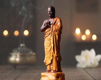 Buddhist Monk Statue, Mahakasyapa Disciple Figure, 12 Inch Standing Prayer Pose, Hand Carved Altar Decor for Home Meditation Corner