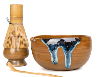 Spouted Matcha Bowl, Purple-Brown Clay Chawan, Blue Drip Glaze, 20.3 fl oz, Microwave and Dishwasher Safe, Handmade Vietnam
