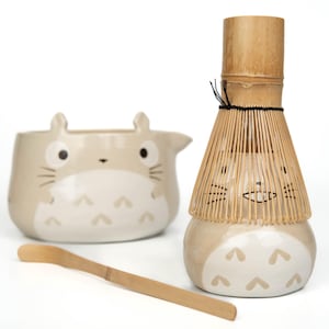 Totoro matcha bowl set, beige hand-painted ceramic chawan with matching whisk holder on white