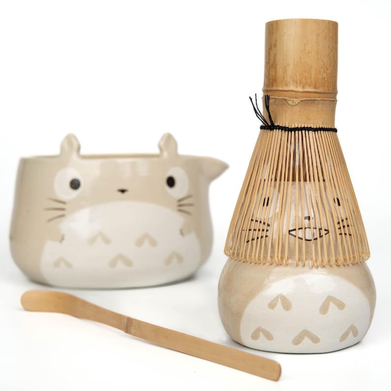 Totoro matcha bowl set, beige hand-painted ceramic chawan with matching whisk holder on white