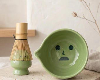 Smiski Matcha Bowl Set, Spouted Katakuchi Chawan, Hand Painted Green Cute Face, 18 oz Tea Bowl, Bamboo Whisk, Whisk Holder