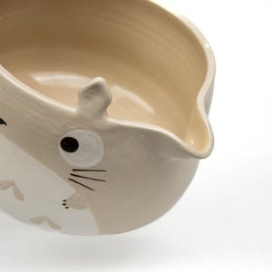 Totoro matcha bowl set, beige hand-painted ceramic chawan with matching whisk holder on white