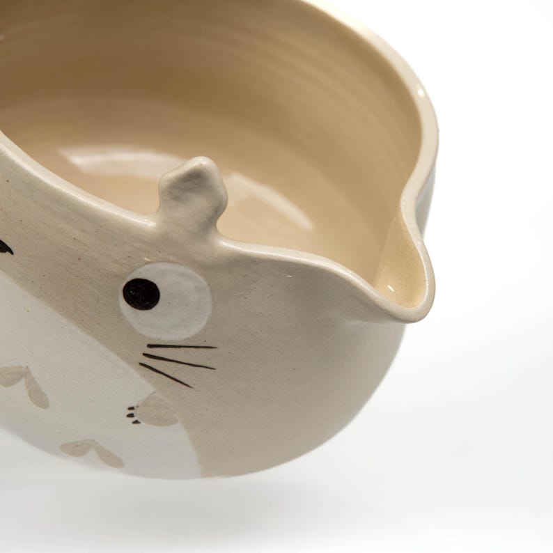 Totoro matcha bowl set, beige hand-painted ceramic chawan with matching whisk holder on white