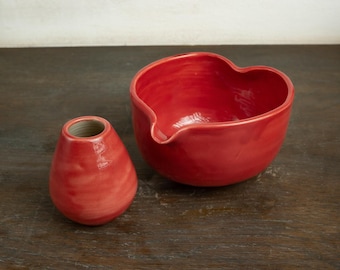 Heart Chawan Matcha Bowl with Pour Spout | Glazed Stoneware 4.7in x 2.8in (12x7cm) | Gift for Tea Lover | Katakuchi Tea Ware