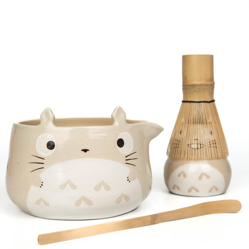 Totoro matcha bowl set, beige hand-painted ceramic chawan with matching whisk holder on white