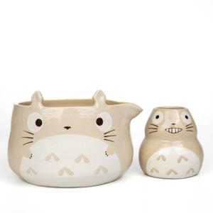 Totoro matcha bowl set, beige hand-painted ceramic chawan with matching whisk holder on white
